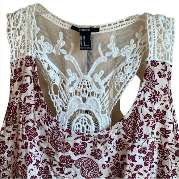 Forever 21 Red & White Floral Racer Back Lace Crop Top  Paisley Crochet size M - Picture 6 of 13